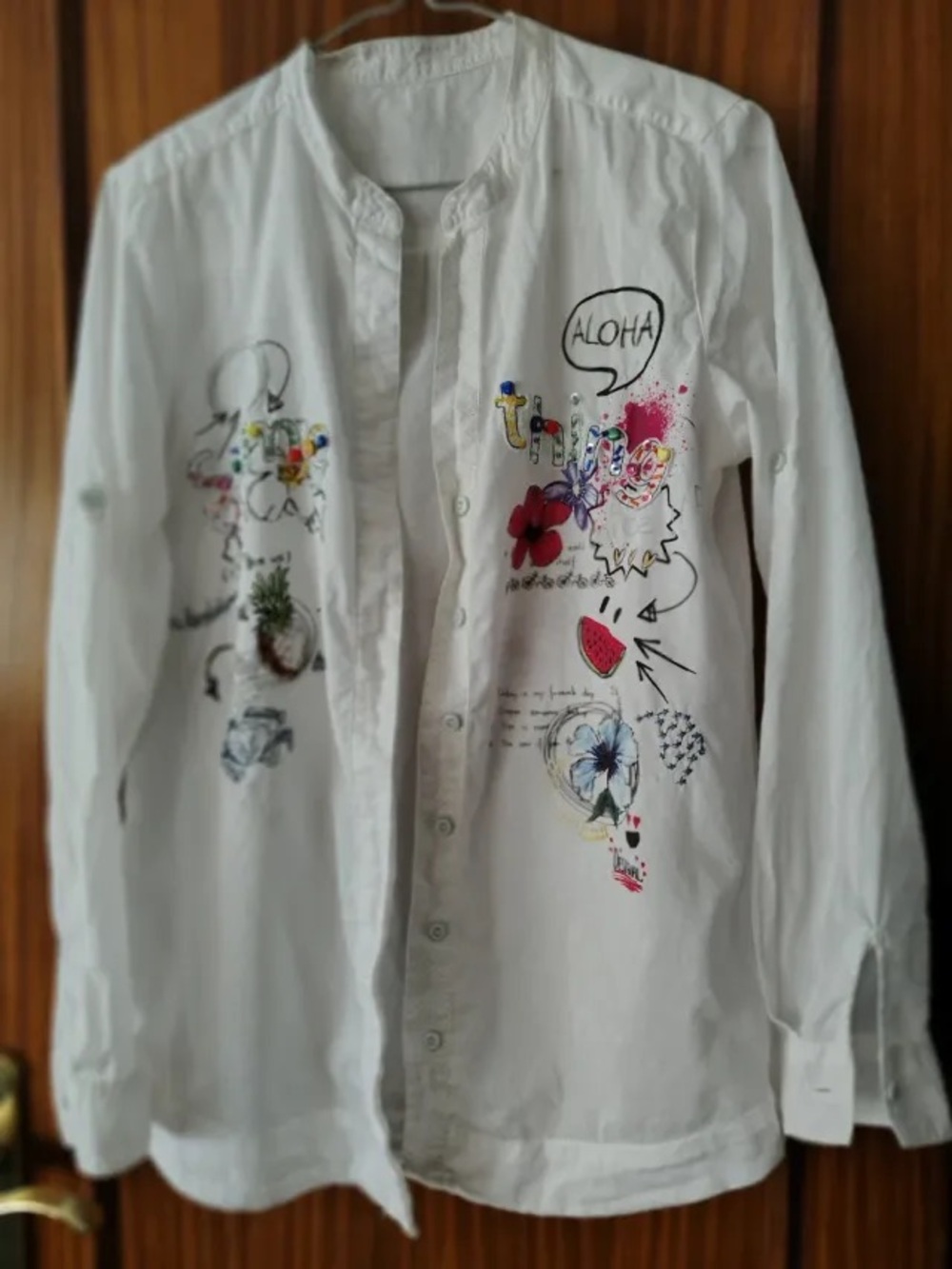 Desigual White Floral Button Down Long Sleeve Top Shirt Blouse Size Medium
